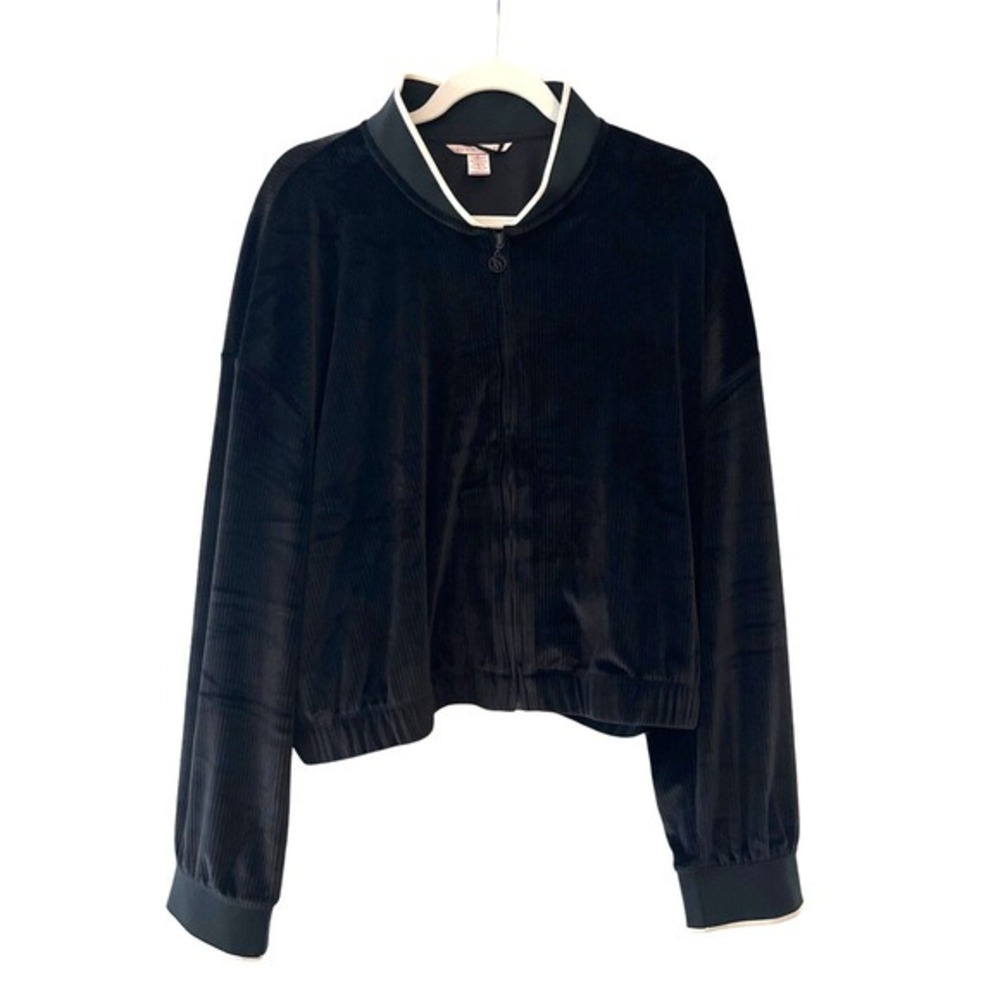 Victoria's Secret Y2K Velour Bomber Jacket Ribbed XXL Black Full Zip Loungewear